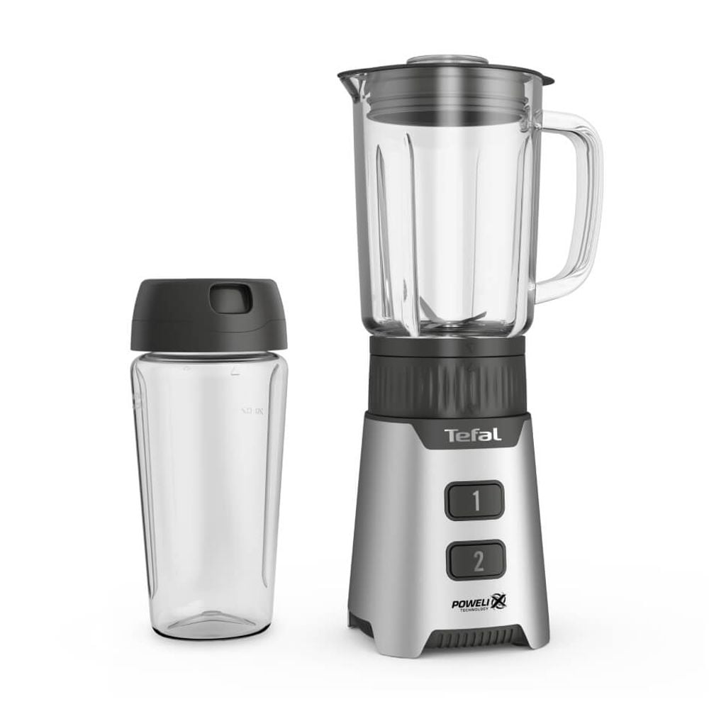 Blender Tefal Minimix BL16GE30, 400W, 2 trepte de viteză, recipient termorezistent 0.7 L, recipient portabil 0.6 L, lame detașabile Powelix, argintiu