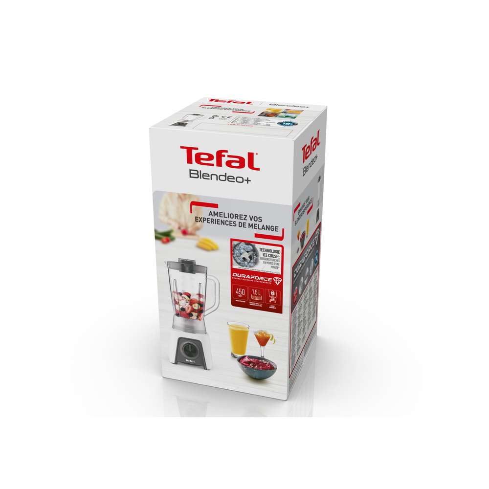 Tefal Blendeo BL2C01 Blendeo Blendeo blender, 450 W motor, 1,5 l capaciteit, 2 snelheden pulsfunctie, Duraforce messen, zuignappen voor een goede grip, wit/grijs