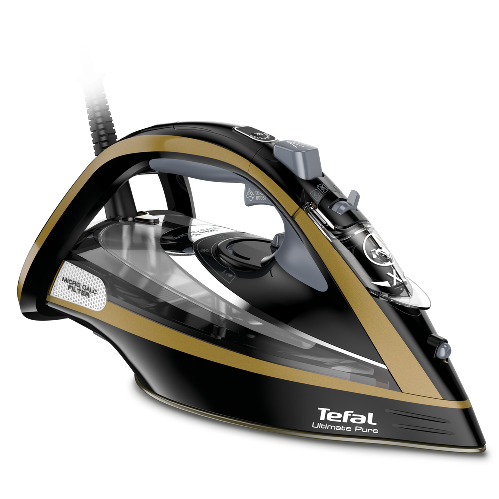 Fier de călcat Ultimate Pure FV9865E0, 3000 W, jet de abur 250 g/min, talpă Durilium Airglide Autoclean, colector anti-calcar, filtru micro - calc, rezervor 0.35 L, auriu