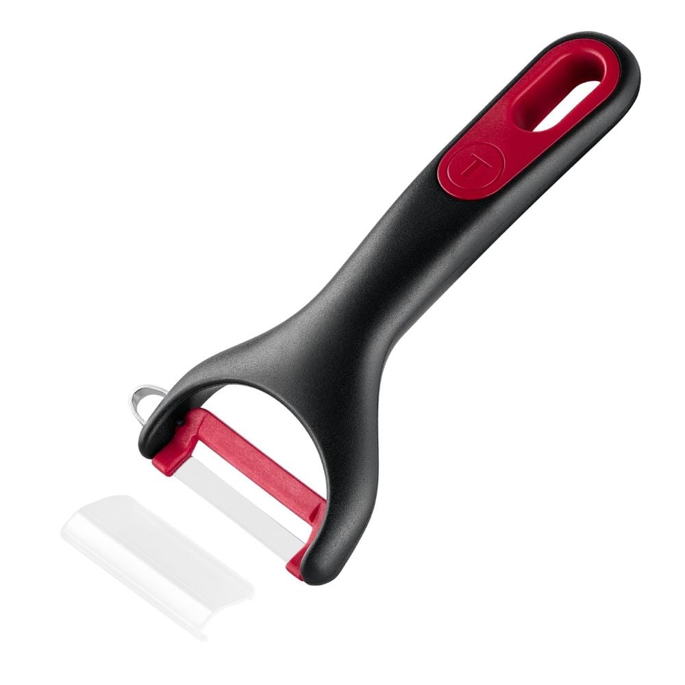 Accesoriu pentru decojit legume si fructe Tefal Ingenio K1992134, lama rotativa, inox, capac de protectie, negru & rosu