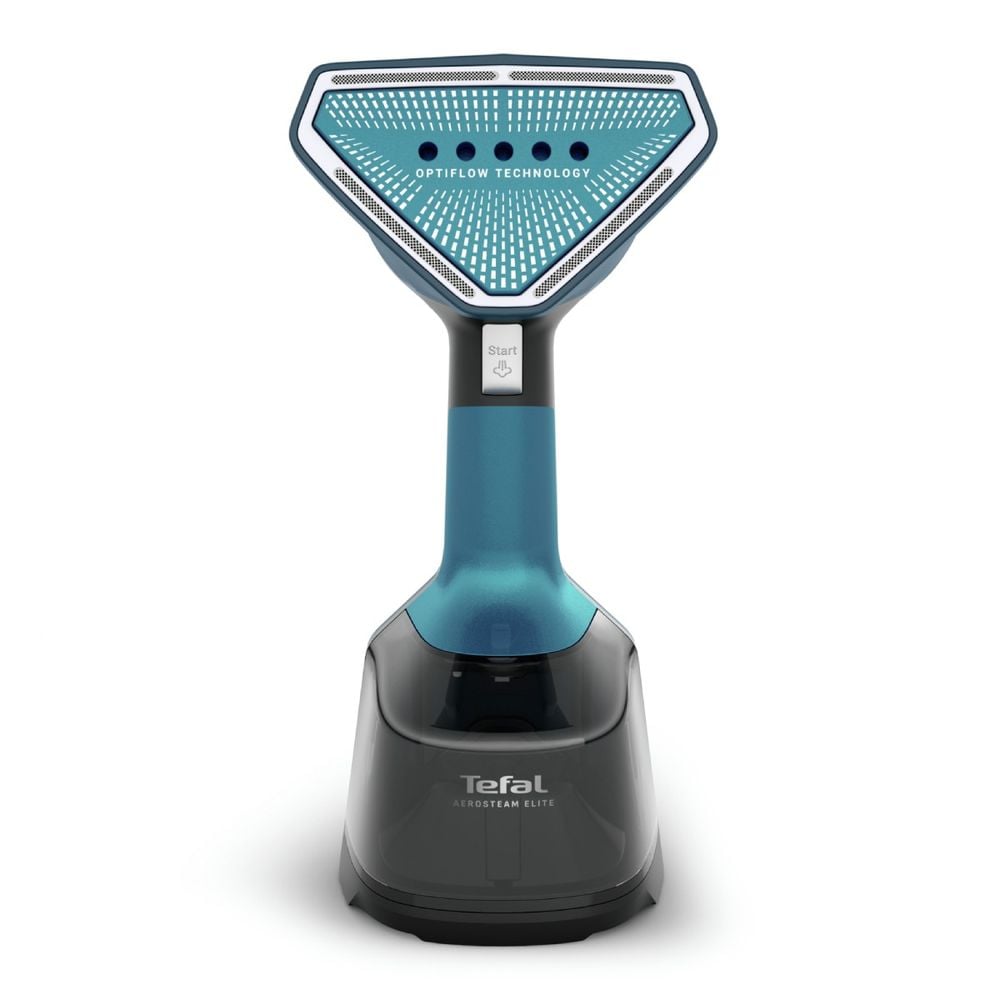 Aparat de calcat vertical cu abur Tefal AeroSteam Elite DT9920F0, 1400 W, abur variabil 0-20 g/min, aspirare 360°, 3 moduri, rezervor apa 200 ml, autonomie pana la 16 min, tehnologie OptiFlow, functie 2 in 1, talpa ceramica, albastru