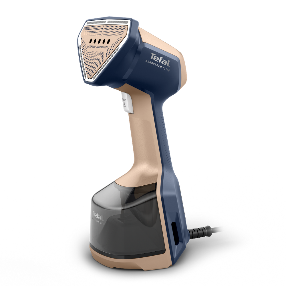 Aparat de calcat vertical cu abur Tefal AeroSteam Elite DT9620F0, 1400 W, abur variabil 0 - 20 g/min, 3 niveluri aspirare, recipient apa detasabil 200 ml, autonomie pana la 16 min, tehnologie OptiFlow, functie 2 in 1, albastru & crem