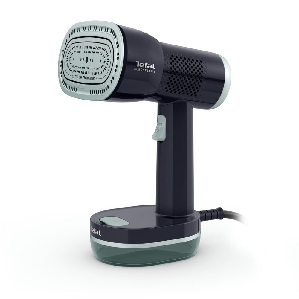 Aparat de calcat vertical cu abur Tefal AeroSteam S DT9314E0, 1300 W, abur variabil 0 - 20 g/min, aspirare 360°, 3 moduri, recipient apa 150 ml, autonomie pana la 12 min, tehnologie OptiFlow, talpa ceramica, negru & verde