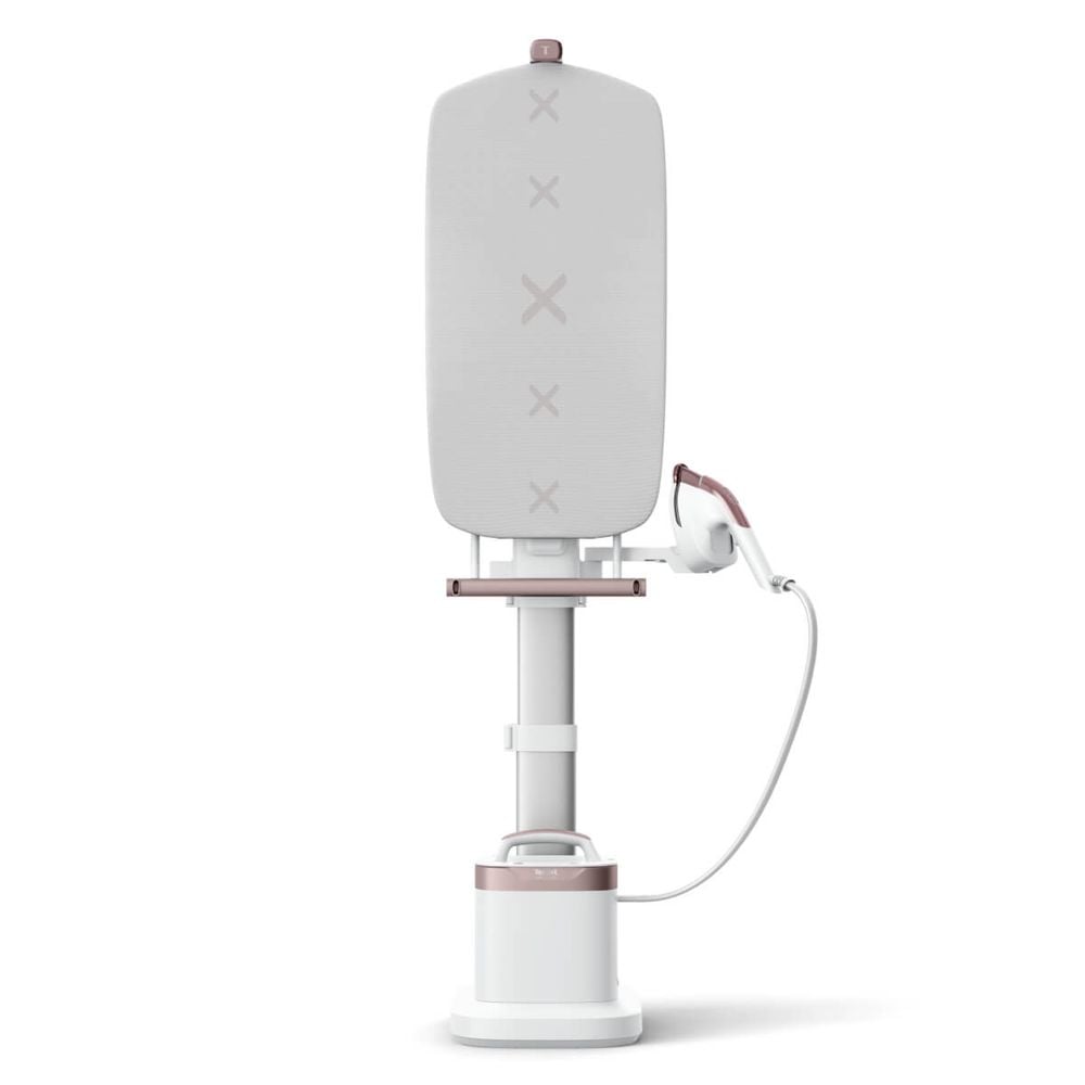 Aparat de călcat vertical cu abur Tefal Ixeo Vision QT1811E0, 2200 W, jet de abur 200 g/min, abur variabil 80 g/min, 1,4 L, masă de călcat integrată, oprire automată, alb & roz