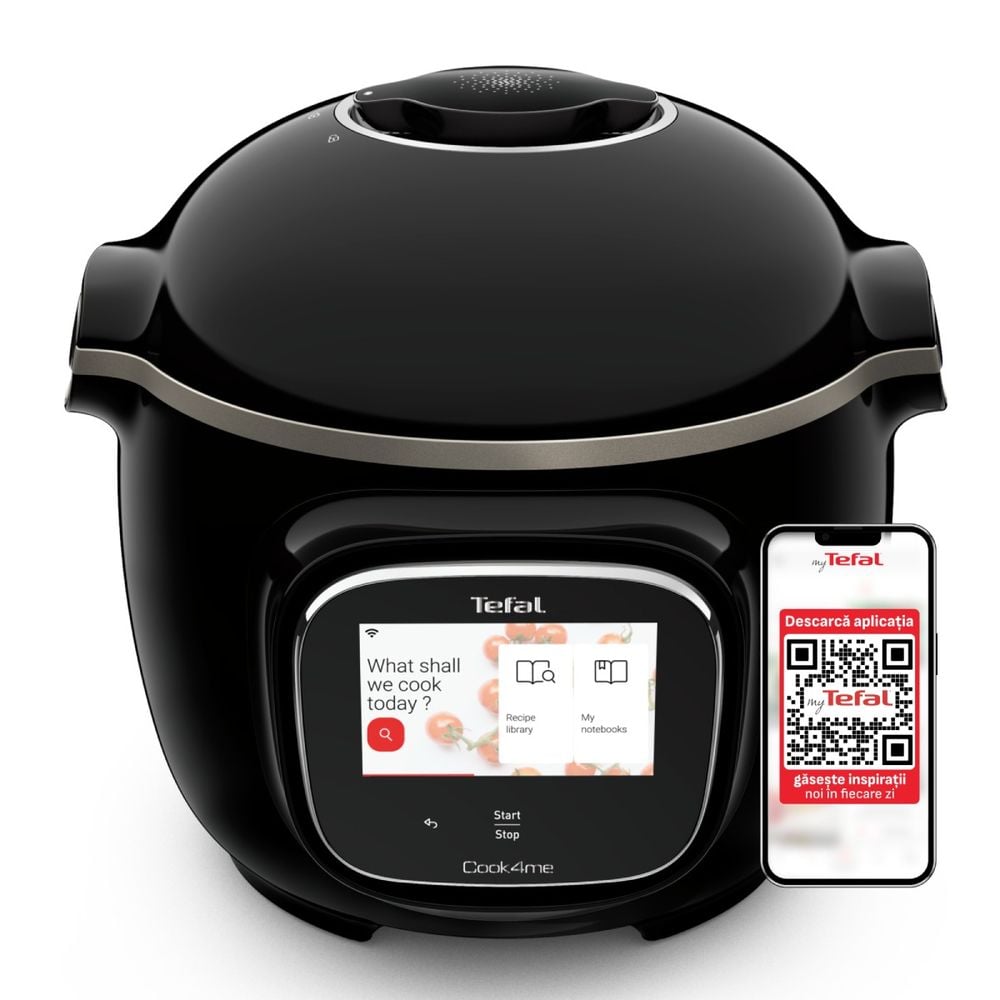 Multicooker inteligent cu gătire sub presiune Tefal Cook4me Touch CY912831 cu conexiune WiFi, aplicație dedicată, 13 programe de gătire, ecran tactil, până la 6 persoane, negru