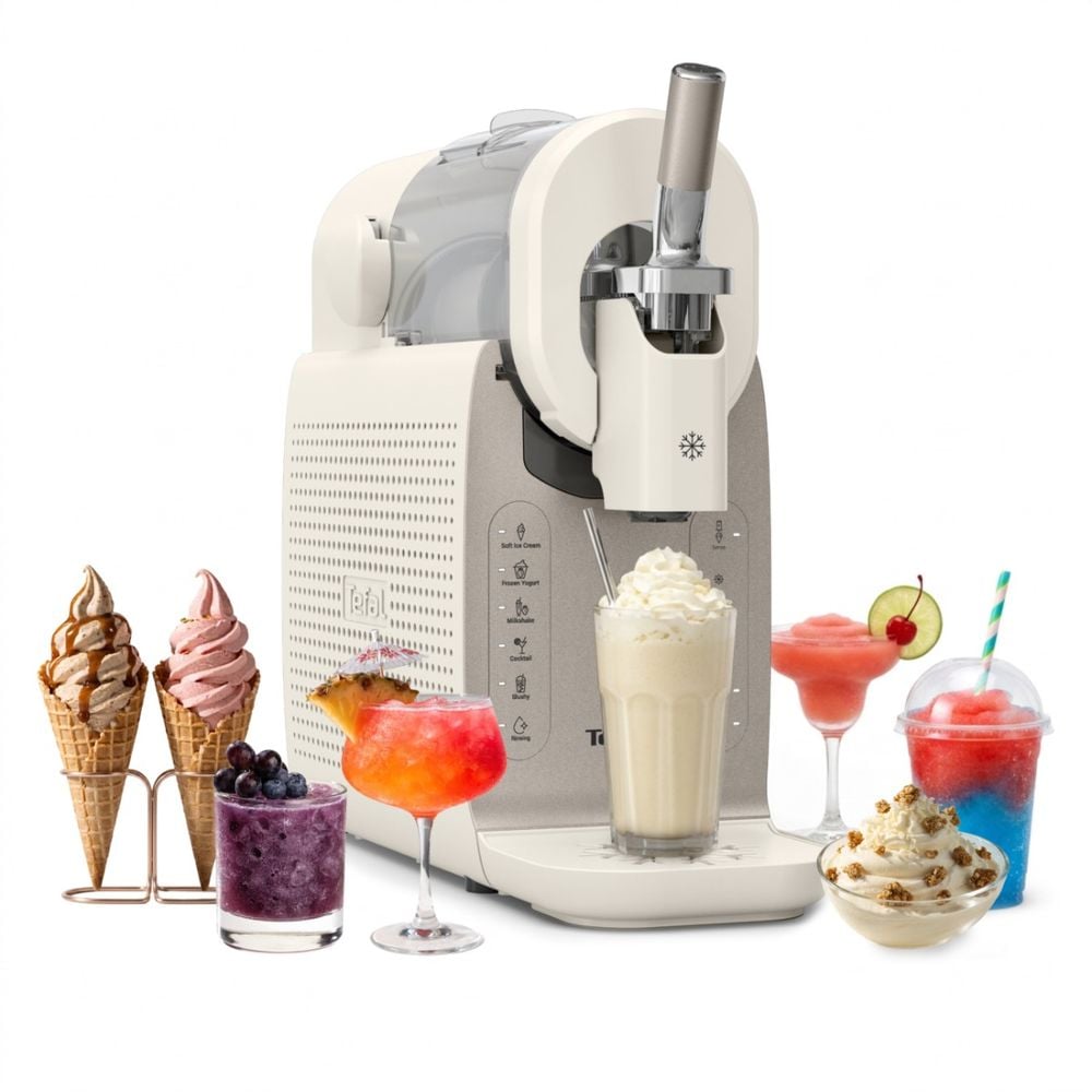 Aparat de inghetata Tefal Freezi IG803AE0, 200 W, 2 L, 5 programe automate, 16 preparate presetate, tehnologie Ultra Quiet, pentru inghetata soft, slushy, sorbet si cocktailuri inghetate, set forme inghetata inclus, crem