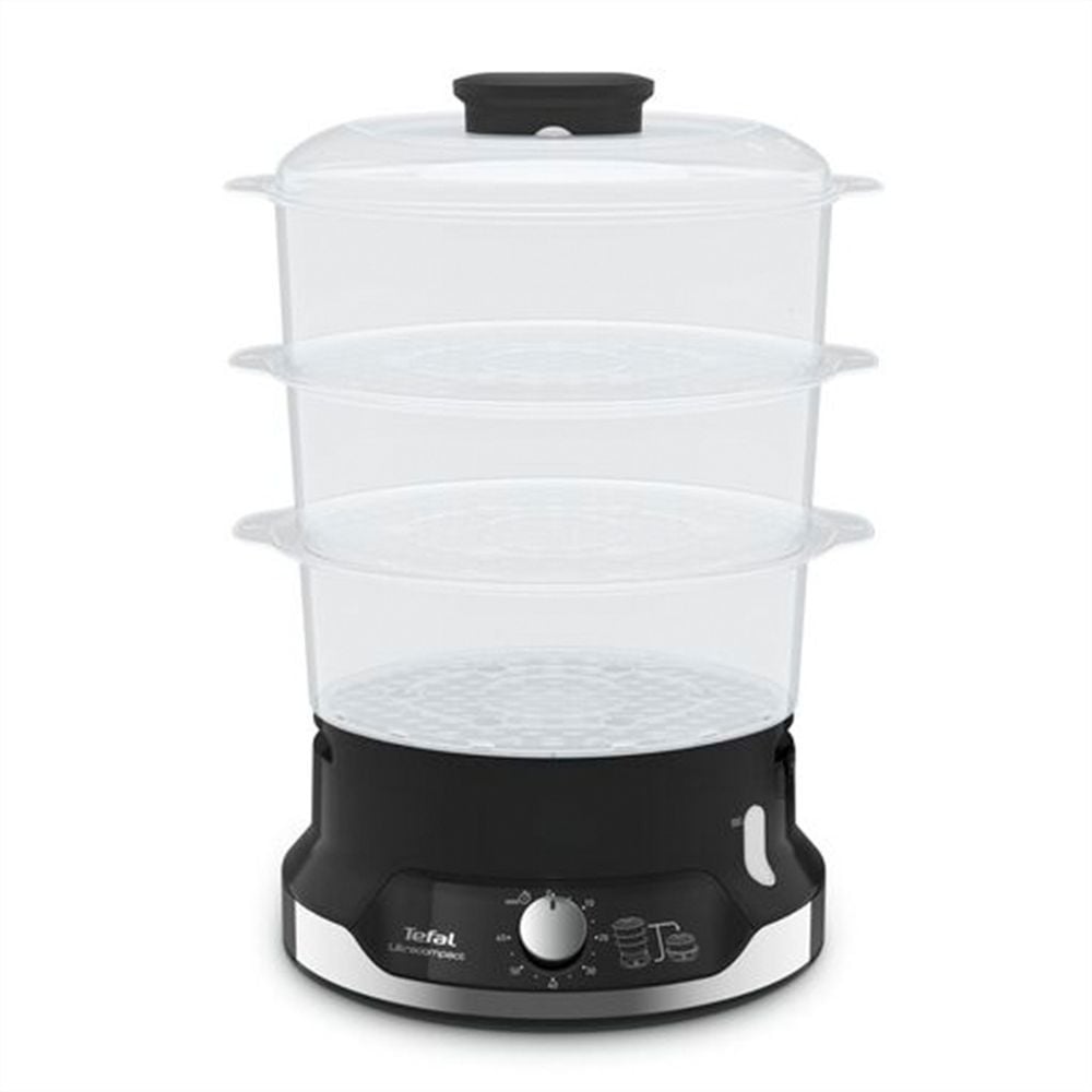 Aparat de gătit cu aburi Tefal Ultracompact Steam Cooker VC204810, 3 vase, cronometru manual, 1 accesoriu, 9 L, negru