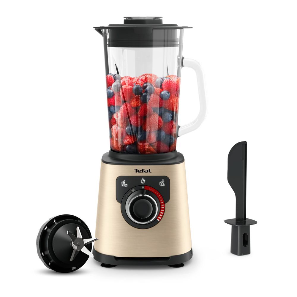 Blender Tefal PerfectMix+ BL871A31, 1200 W, 2 L, 28.000 RPM, viteza variabila + Pulse, 3 programe automate, 6 lame Powelix, vas din sticla termorezistenta, functie Auto-Clean, zdrobire gheata, ecran tactil, bej & gri