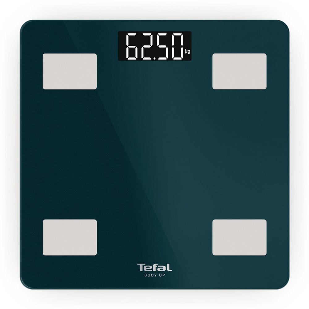 Cantar inteligent Tefal Body Up BM2600V0, greutate maxima 180 kg, 7 indicatori de masurare, sticla securizata tratata termic, ecran LCD, 2 baterii incluse, verde