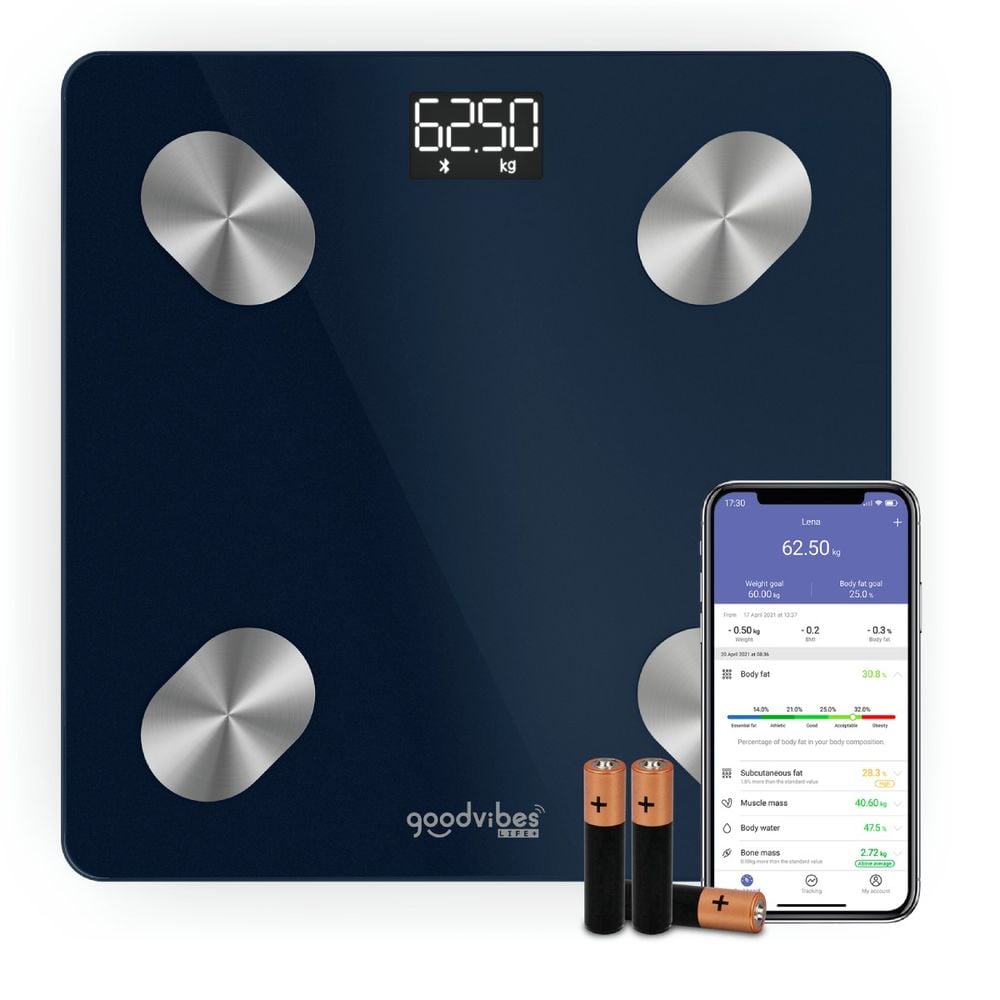 Cantar inteligent Tefal Goodvibes Life+ BM9720F0, greutate maxima 180 kg, 15 indicatori de masurare, sincronizare cu aplicatia Google Fit, Apple Health si/sau Fitbit, sticla securizata tratata termic, ecran LCD, 3 baterii incluse, albastru