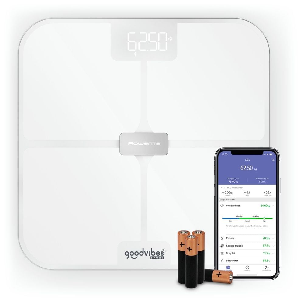 Cantar inteligent Tefal Goodvibes Sport BM9740F0, greutate maxima 200 kg, 17 indicatori de masurare, sincronizare cu aplicatia Google Fit, Apple Health si/sau Fitbit, sticla securizata tratata termic, ecran LCD, 4 baterii incluse, alb