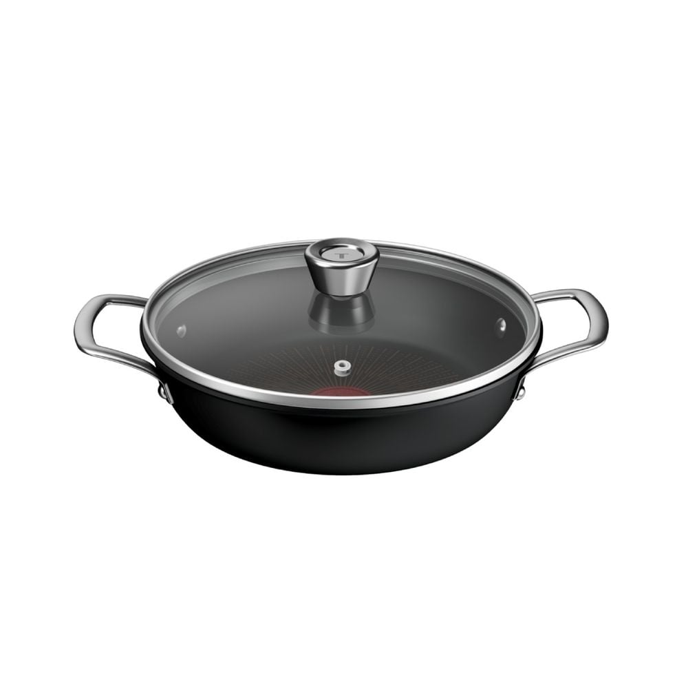 Cratita cu capac Tefal Excellence+ G3308802, 24 cm, invelis antiaderent, tehnologie FUSIONCORE, Thermo-Signal™, manere nituite, aluminiu, inductie, negru