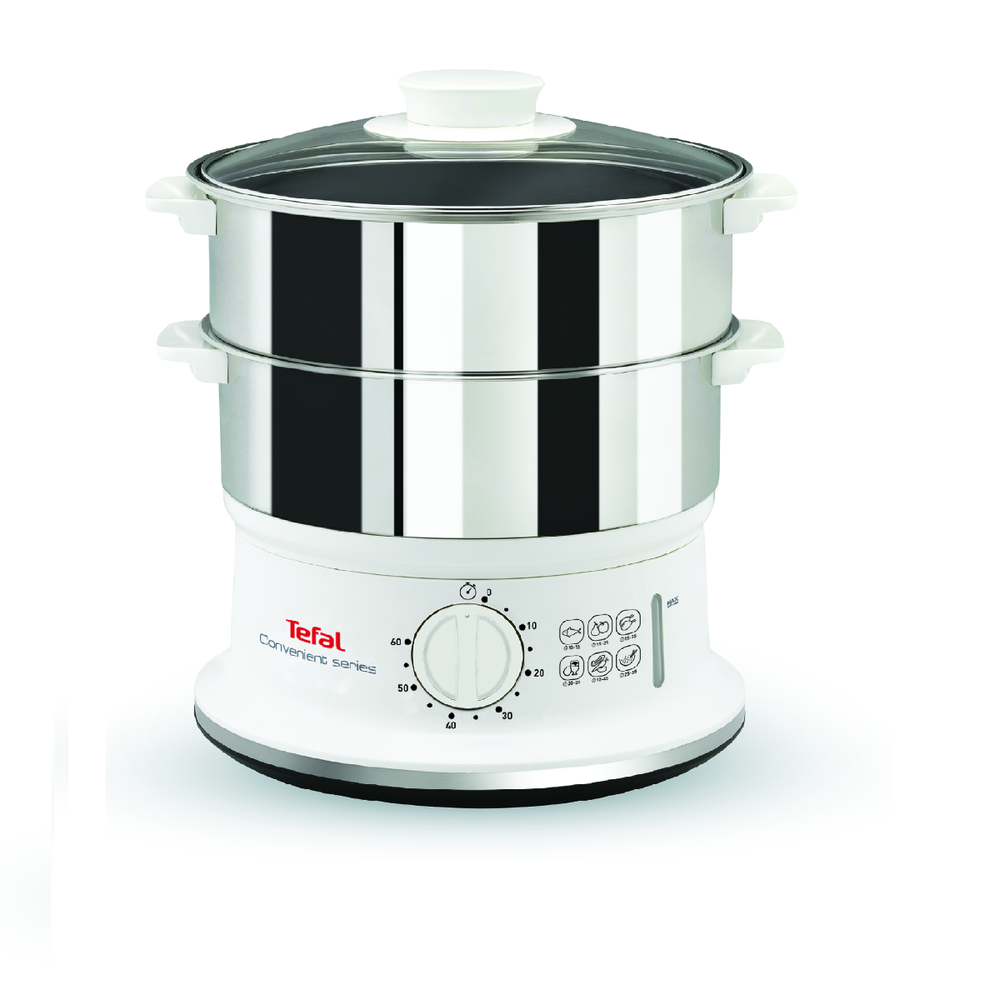 Aparat de gătit cu aburi Tefal Convenient Series VC145130, 2 vase, cronometru mecanic, 2 accesorii, 6 L, inox, alb