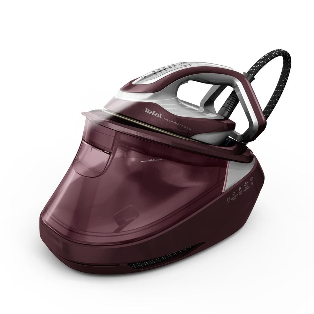 Statie de calcat de inalta presiune Tefal Pro Express Vision Max GV9921E0, 3000 W, 8.8 bari, abur variabil 0 - 215 g/min, jet de abur pana la 850 g/min, rezervor apa 1.2L, talpa Durilium Airglide Autoclean, abur vertical, iluminare LED, visiniu & alb