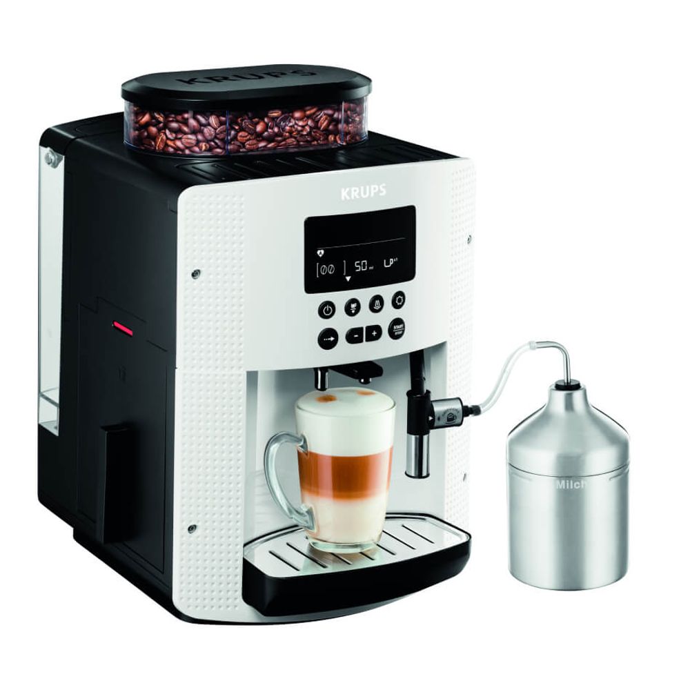 Espressor automat Krups Espresseria EA816170, 1450W, 15 bari, 3 trepte de temperatură, rezervor boabe 260g, rezervor apă detașabil 1.7L, duză cappuccino, recipient lapte inclus, alb