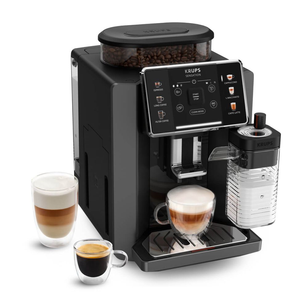 Espressor automat Krups Sensation Milk EA912HF0, 1450W, 15 bari, 6 retete, 5 trepte rasnita, rezervor cafea 260g, rezervor apa detasabil 1.7L, 3 trepte de temperatura, oprire automata, negru & gri