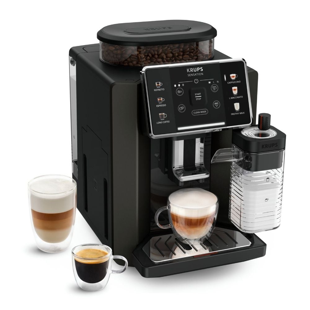 Espressor automat Krups Sensation Milk M50 EA912910, 1450W, 15 bari, 6 rețete, ecran tactil, 260g, 1.7l, 3 trepte temperatură, râșniță 5 nivele, tehnologie Milk Maestro, negru