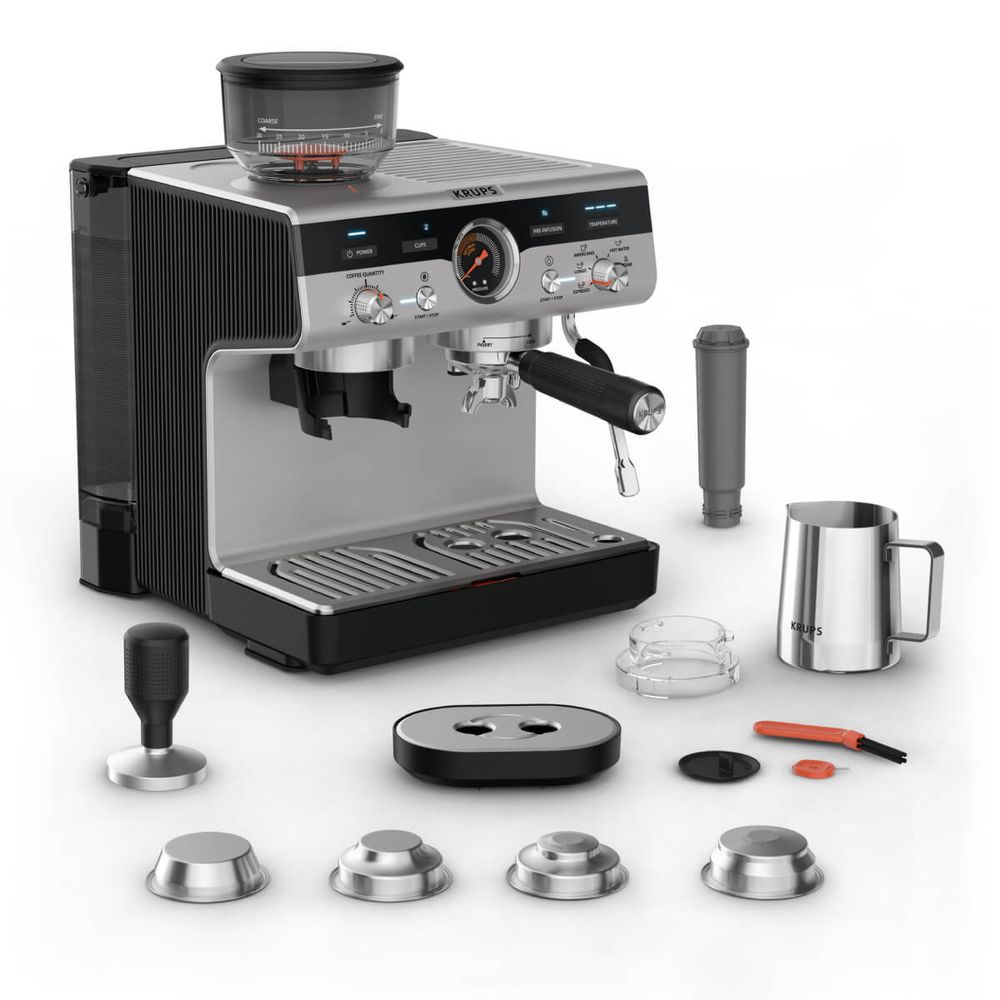 Espressor manual cu rasnita Krups Precision XP801T10, 15 bari, rezervor apa 3.5 L, 30 trepte de rasnire, 3 trepte temperatura, 3 trepte pre-infuzare, duza cappuccino & apa fierbinte, sistem Thermoblock, accesorii tip barista incluse, negru & argintiu