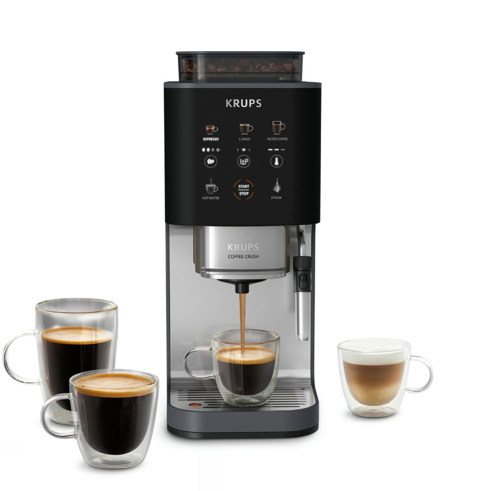 Espressor semi-automat Krups Coffee Crush SA404BE1, 1370 W, 15 bari, 6 retete, sistem bean-to-cup, rasnita inox, duza de abur pentru spumarea laptelui, preparare one-touch, 3 trepte temperatura, compatibil cafea macinata, negru & gri