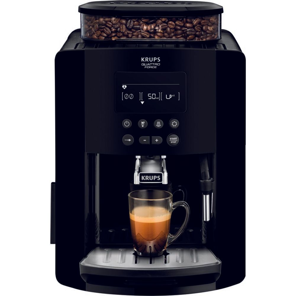 Espressor automat Krups Happy  Arabica EA817010, ecran LCD, 15 bari, rezervor boabe 260g, rezervor apă 1.7L, râșniță 3 nivele, duză abur, funcție memorare, negru
