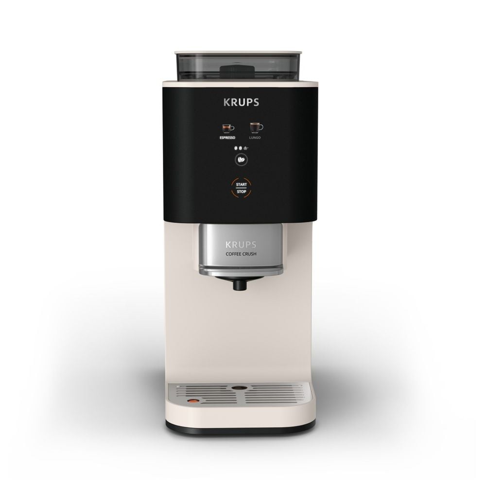Espressor semi-automat Krups Coffee Crush SA4001E0, 1370 W, 15 bari, sistem bean-to-cup, rasnita inox, preparare one-touch, intensitate cafea ajustabila, compatibil cafea macinata, design ultra-compact, curatare usoara, crem & negru