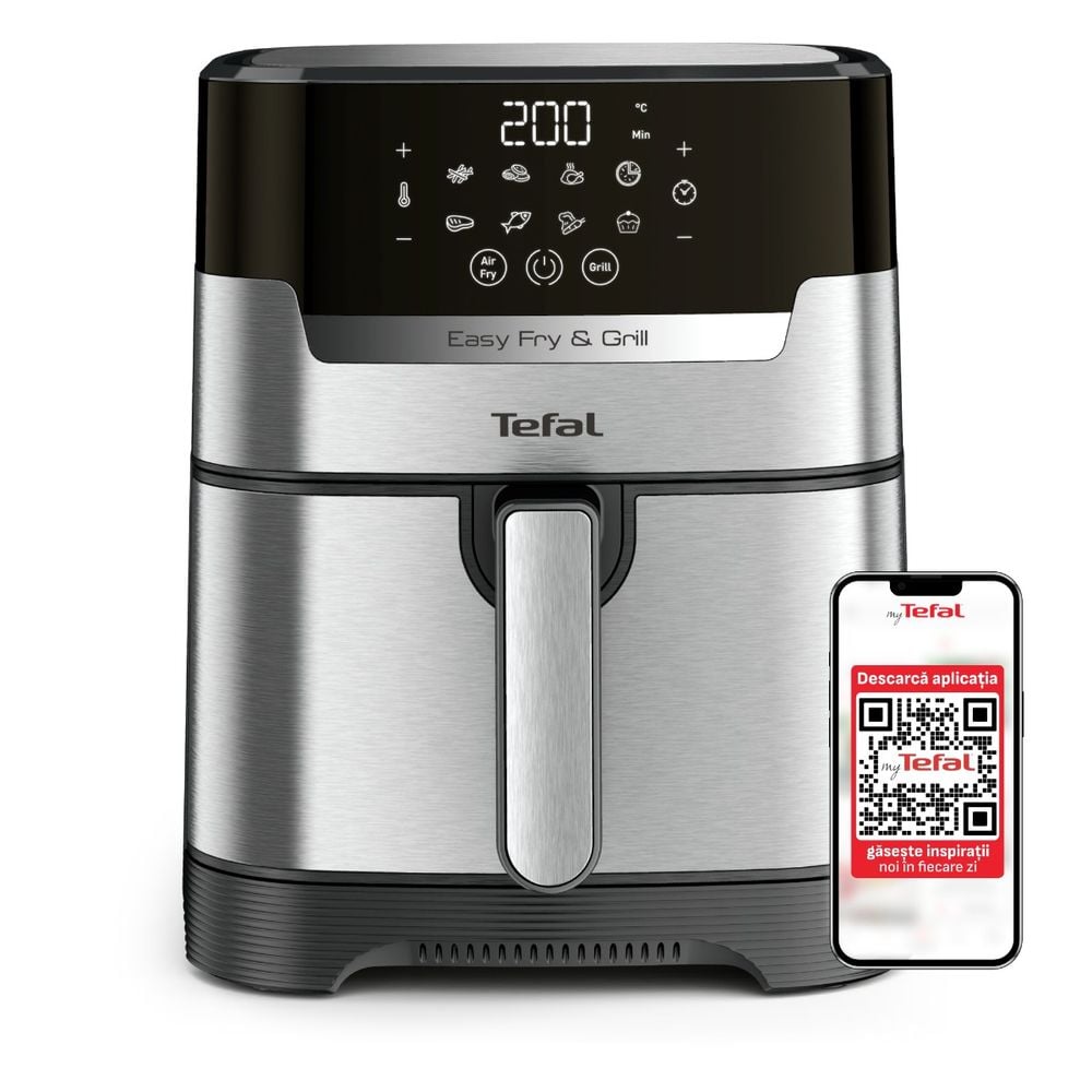 Friteuză cu aer cald Tefal Easy Fry&Grill 2in1 EY505D15, 1400W, 4.2L - Air fryer cu 8 programe, funcție grill cu grătar încorporat, funcție deshidratare, tehnologie Extra Crisp, vas detașabil, Negru/argintiu