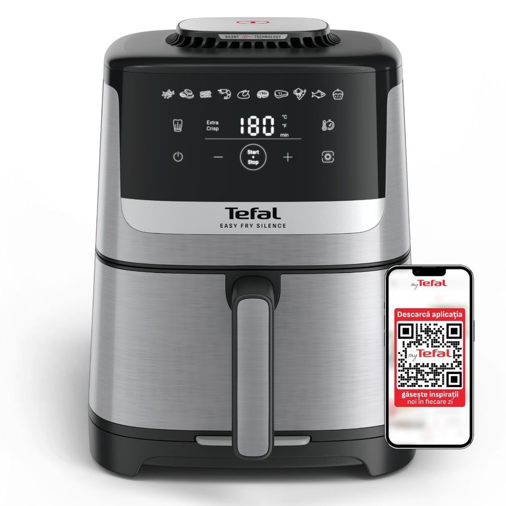 Friteuză cu aer cald Tefal Easy Fry Silence EY552DE0, 1670W, 5L - Air fryer cu 10 programe automate, ecran LCD, silențioasă, cu mâner detașabil, cronometru, argintiu & negru