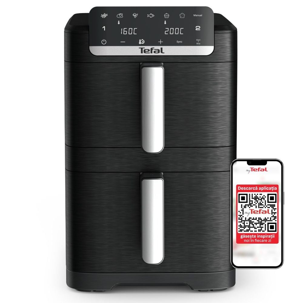 Friteuza dubla cu aer cald Tefal Easy Fry Crispy Stack EY7528E0, 2700 W, 10 L - Air fryer cu 7 programe automate, 2 compartimente, temperatura ajustabila, display digital, oprire automata, negru