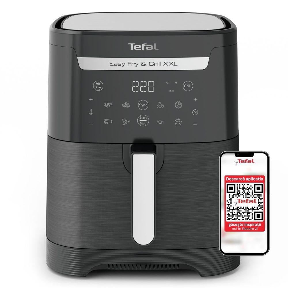 Air fryer 2 în 1 cu aer cald și grătar Tefal Easy Fry & Grill XXL EY801815 , 8 programe, 6.3 L, 2 zone de gătire, înveliș antiaderent, negru