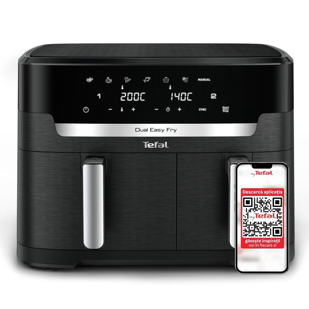 Friteuză cu aer cald dublă Tefal Dual Easy Fry XXL EY9428E0, 2700W, capacitate 11 L - Air fryer cu 7 programe automate, vase detașabile antiaderente, display LCD, temperatură reglabilă 40-220°C, negru