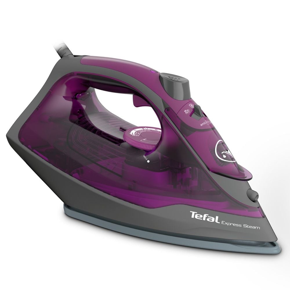Fier de calcat cu abur Tefal Express Steam FV2847E0, 2400 W, jet de abur 160 g/min, abur variabil 0-35 g/min, rezervor apa 270 ml, talpa ceramica Cerilium, sistem anti-picurare, mov & negru