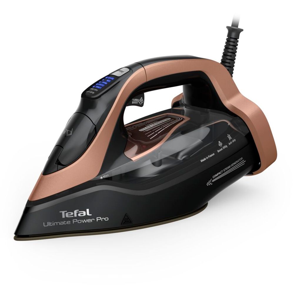 Fier de călcat cu abur Tefal Ultimate Power Pro FV9E50E0, 3200W, jet de abur 300 g/min, abur variabil 0-85 g/min, panou comanda LED, oprire automată, sistem anticalcar, negru & maro