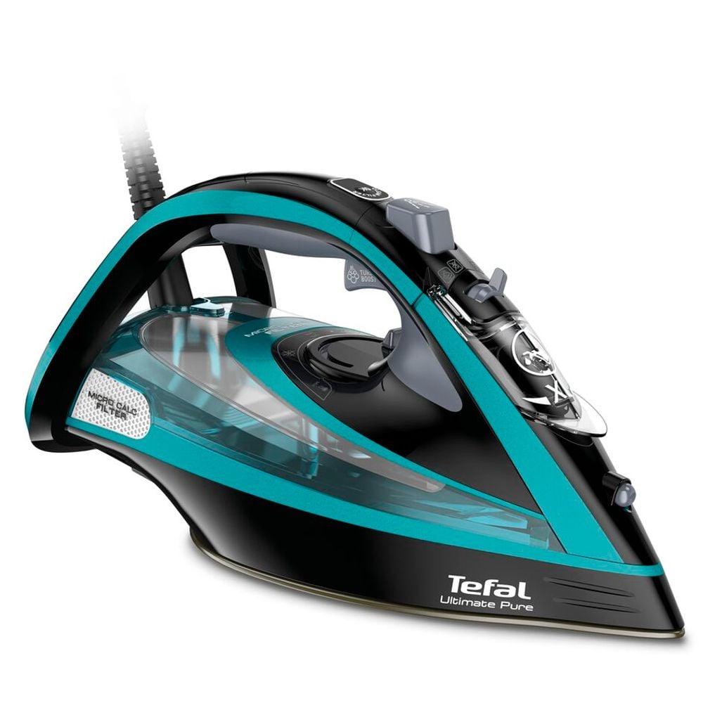 Fier de calcat Tefal FV9844E0 Ultimate Pure, 3200 W, Talpa Durilium AirGlide Autoclean, jet de aburi 250gr/min, Micro-Calc Filter 2in1, Negru/Bleu
