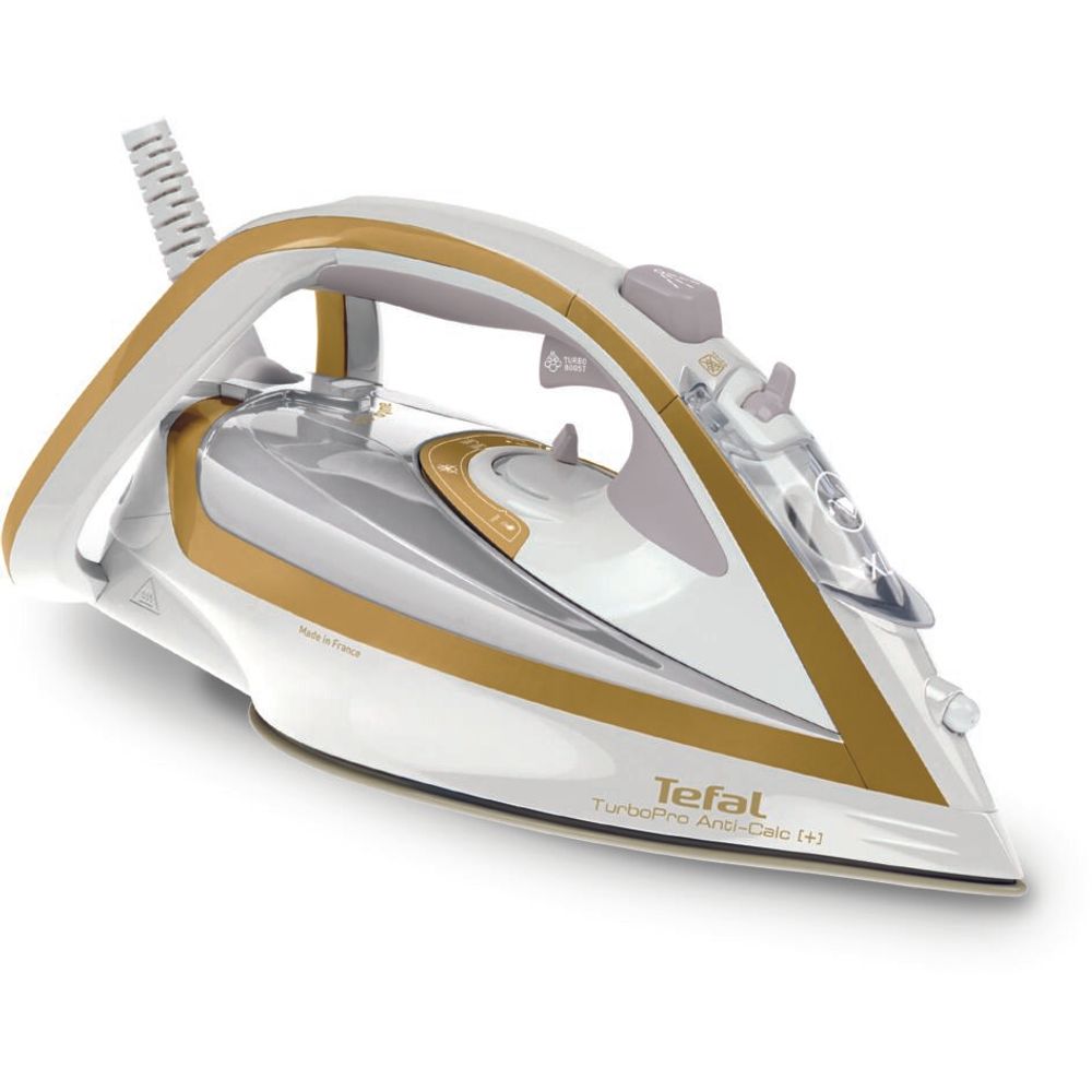 Fier de călcat TURBO PRO Tefal FV5698E0, 3000 W, 0.3 L, abur 50g/min, jet de abur 270 g/min, Turbo Boost, talpa Durilium AirGlade, alb/auriu