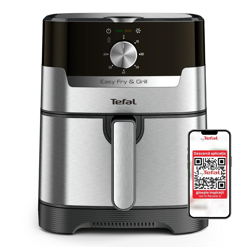 Friteuză cu aer cald EASY FRY & GRILL 2 în 1 Tefal EY501D15, 1400W, 4.2L, funcție grill cu gratar încorporat, tehnologie Extra Crisp, vas detașabil, negru/argintiu