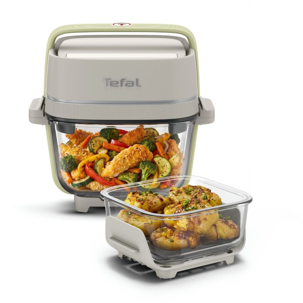 Friteuza cu aer cald portabila Tefal Crisp&Go FB701AE0, 1700 W, air fryer cu recipient din sticla, capac inteligent Power Lid, 4 moduri de gatire, cablu detasabil, crem