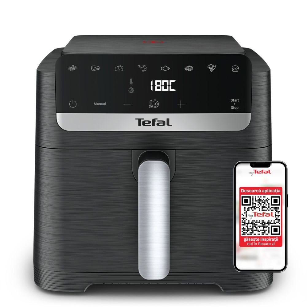 Friteuza cu aer cald Tefal Easy Fry Mega Compact EY8618E0, 2020 W, capacitate 7.5 L, - Ai fryer cu 8 programe automate, temperatura ajustabila, display digital, oprire automata, negru 