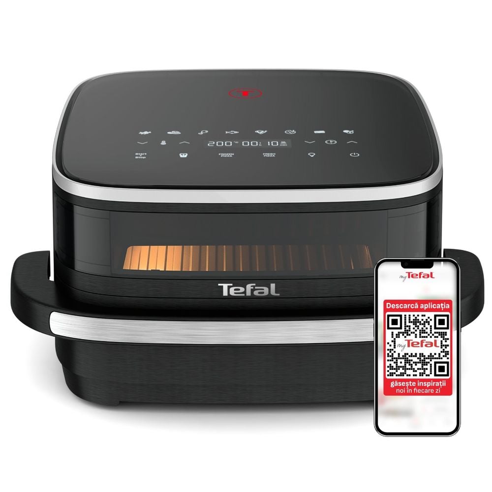 Friteuza cu aer cald Tefal Easy Fry XL Surface FW4018E0, 2200 W, 4 L - Air fryer cu 8 programe automate, tehnologie Extra-Crisp, temperatura ajustabila 40 - 230°C, ecran LCD, fereastra vizualizare, 2 elemente de incalzire, oprire automata, negru