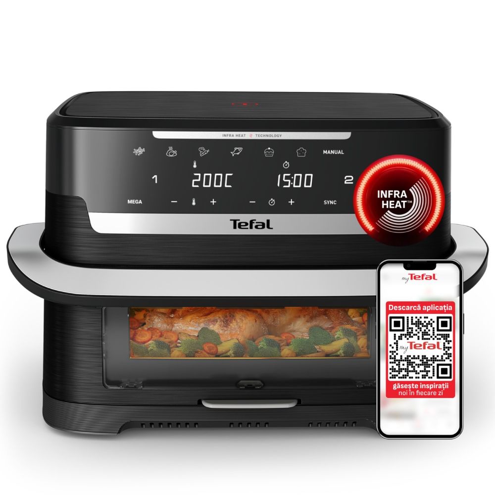 Friteuza cu aer cald Tefal Ever Fry Dual Flex EY9288E0, 2700 W, 9 L, - Air fryer cu 7 programe automate, tehnologie avansata Infra-Heat™, 11 functii, gatire pe 2 zone, ecran LCD, fereastra vizualizare, negru