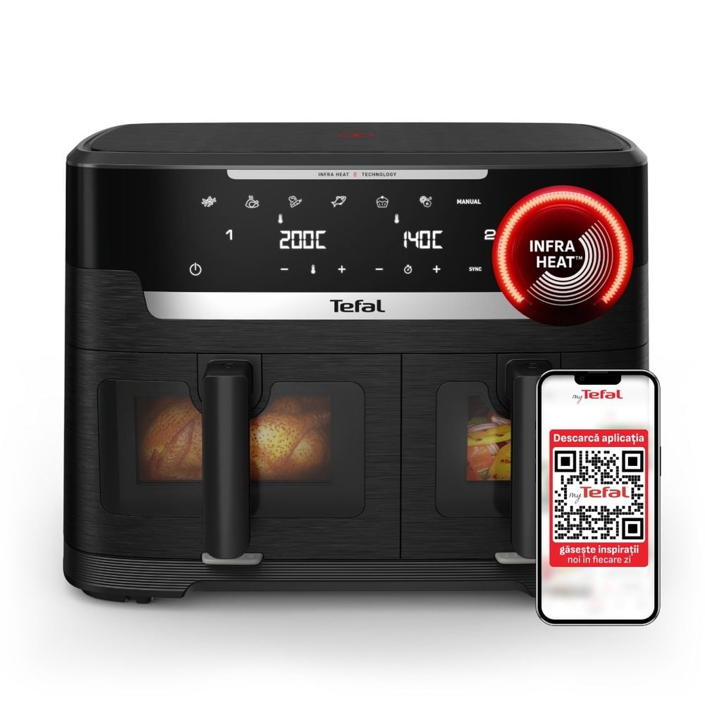 Friteuza dubla cu aer cald Tefal Ever Fry XXL Dual EY9478E0, 2700 W, 11 L - Air fryer cu 7 programe automate, tehnologie Infra-Heat™, 2 compartimente 6.5 L + 4.5 L, functie Sync, fereastra vizualizare, oprire automata, negru