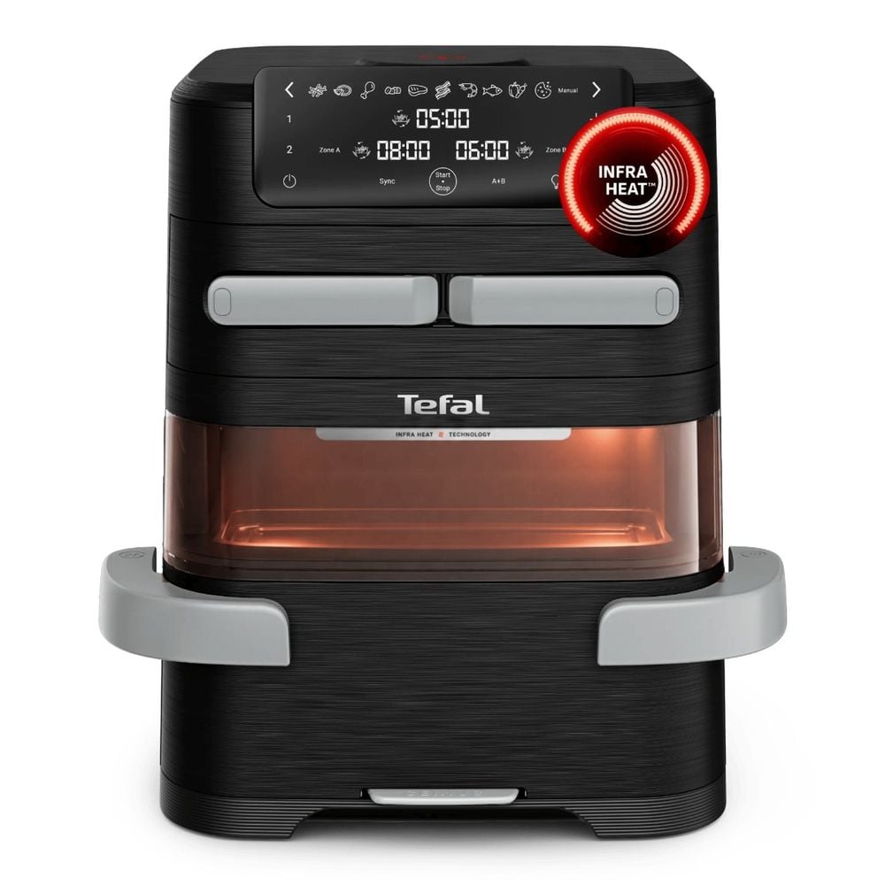 Friteuza cu aer cald Tefal Ever Fry Trio EY9678E0, 2850 W, 12L - air fryer cu 11 programe, tehnologie Infra-Heat™, invelis antiaderent, negru & argintiu
