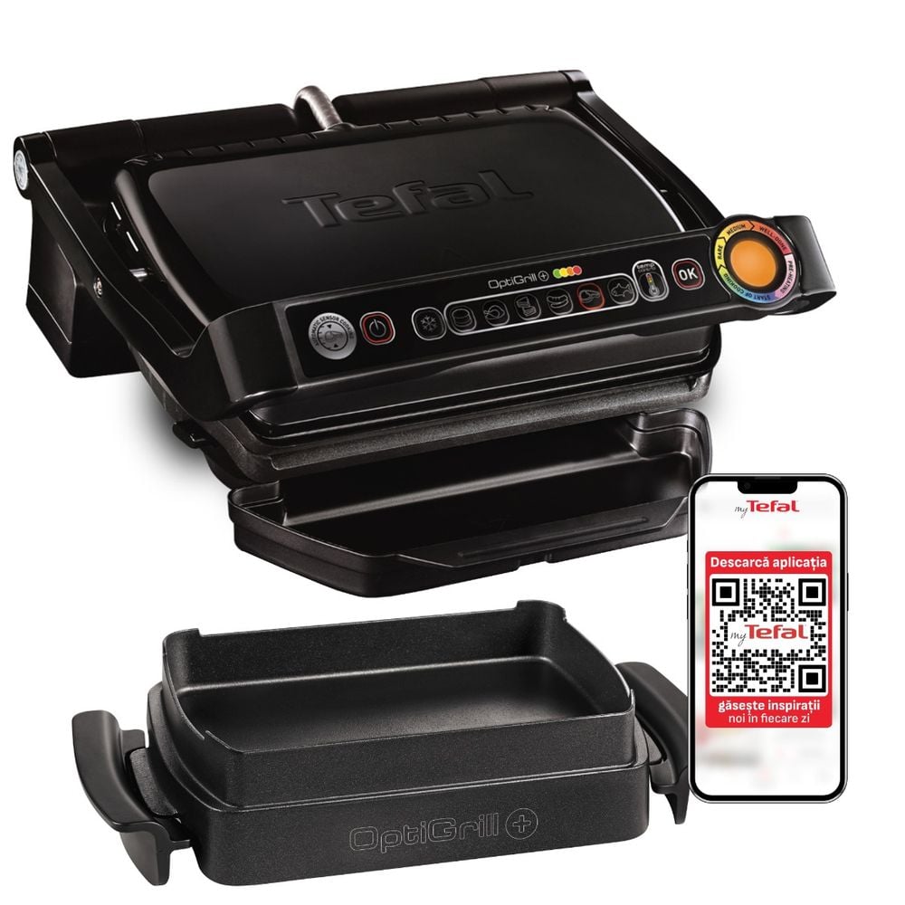 Grătar electric OptiGrill+ Snacking & Baking GC714834, 6 programe, senzor automat, mod manual , plăci antiaderente, tavă colectare lichide, tavă coacere, negru