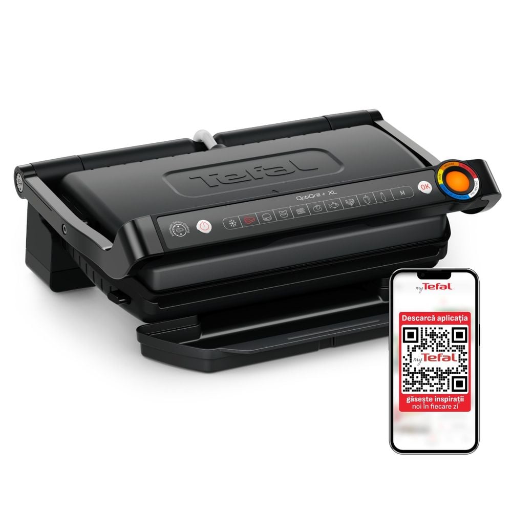 Grătar electric Tefal OptiGrill+ XL GC727810, 2000W, 9 programe gătire automate, plăci detașabile cu înveliș antiaderent, indicator nivel de gătire, tavă colectare grăsime, negru
