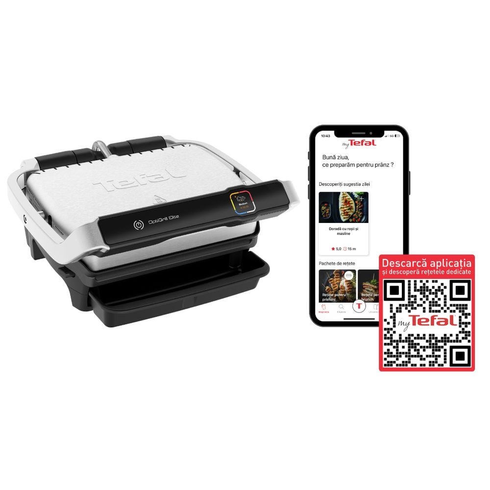 Grătar electric Tefal OptiGrill Elite GC750D30 cu 12 programe automate, termostat reglabil și carte de rețete