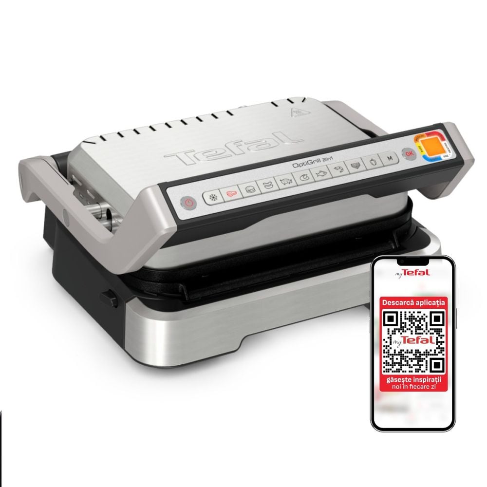 Grătar electric Tefal OptiGrill 2 în 1 GC773D30, 2100W, clește inclus, 9 programe de gătire automate, indicator gătire, plăci detașabile cu înveliș antiaderent, argintiu