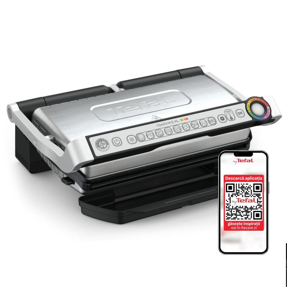 Grătar electric OptiGrill+ XL Snacking & Baking GC724D12, 9 programe, indicator nivel gătire, mod manual 4 nivele, plăci antiaderente din aluminiu turnat, tavă colectare lichide, tavă gustare și coacere, argintiu