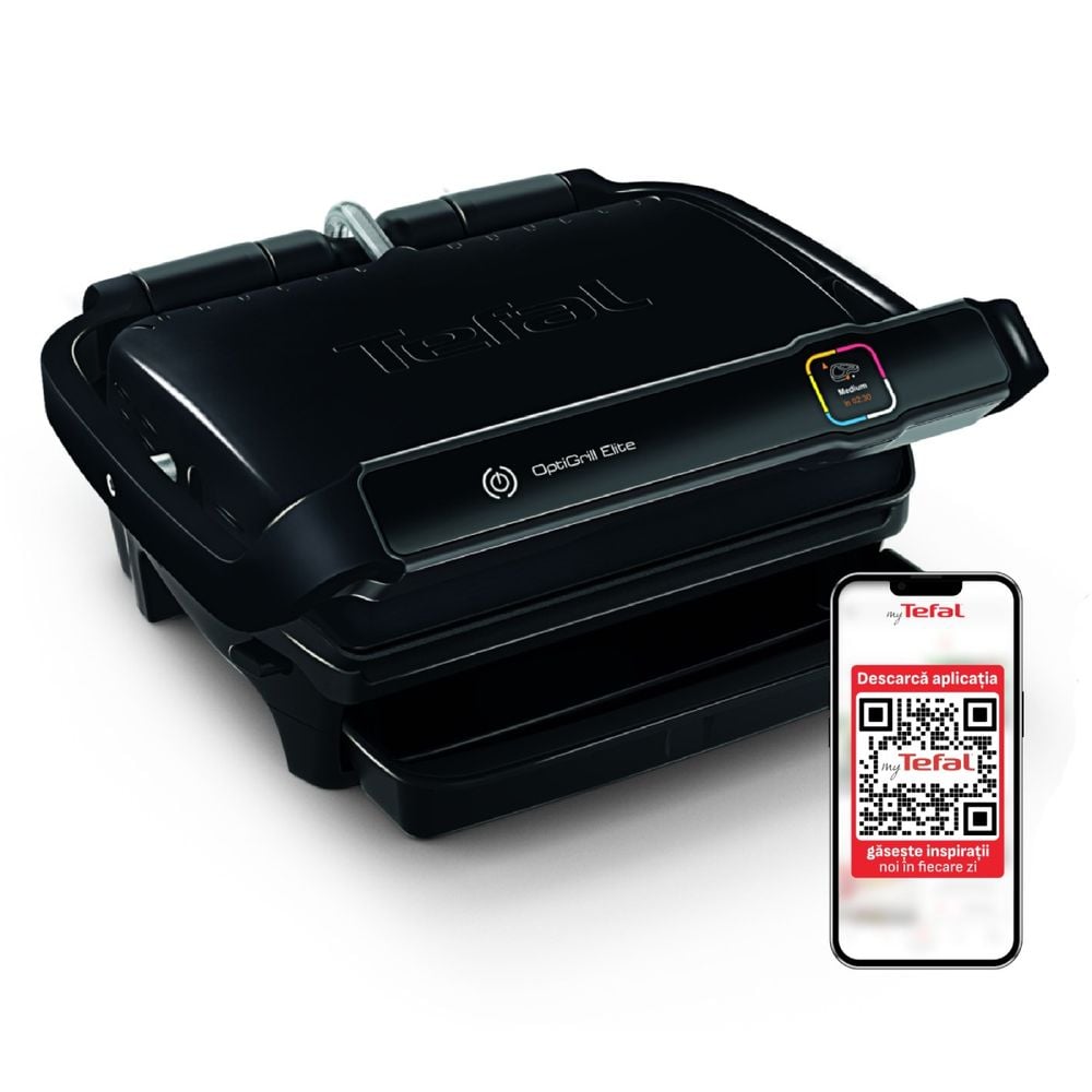 Grătar electric Tefal OptiGrill Elite GC750830, 2000 W, 12 programe, funcție Searing Boost, 600 cm2 suprafața de gătire, negru