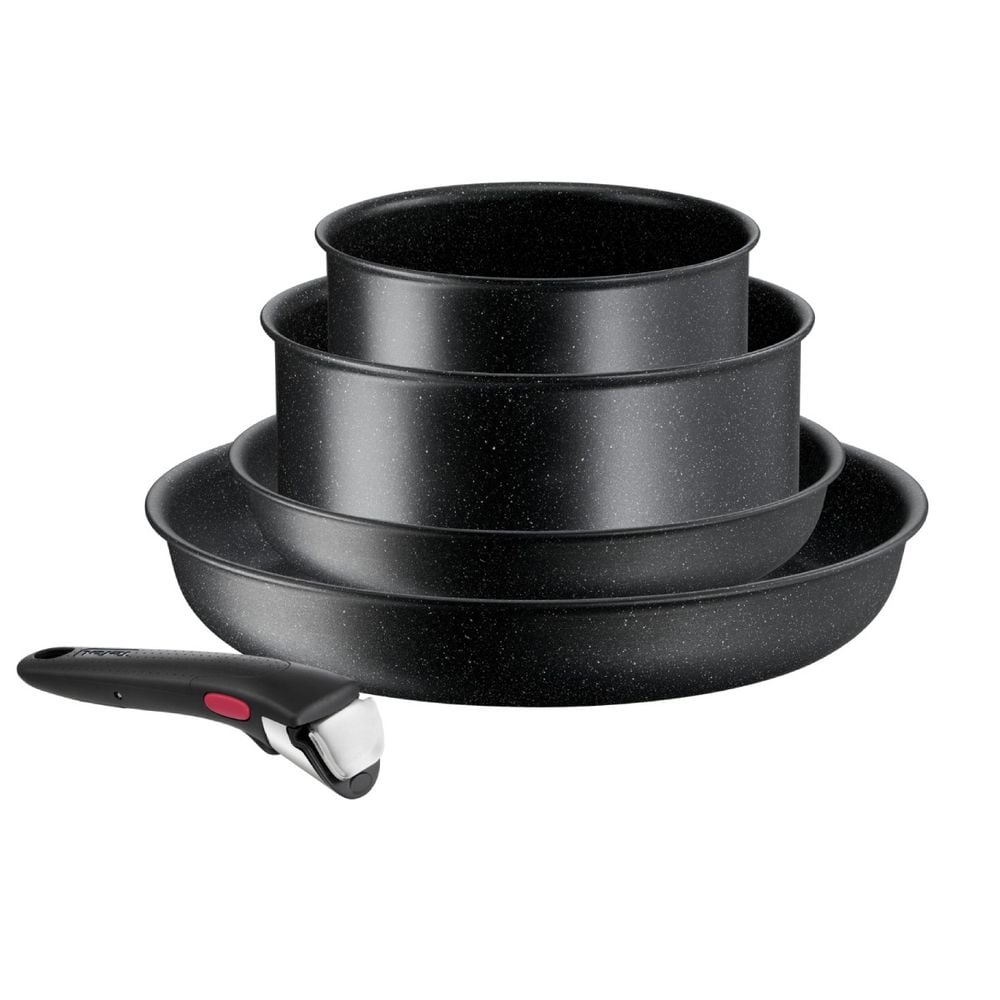 Set de 5 piese Tefal Ingenio Black Stone L3998953, tigaie 22/28 cm, cratita 16/20 cm, maner detasabil, invelis antiaderent Mineralia+, indicator Thermo-Signal™, inductie, negru