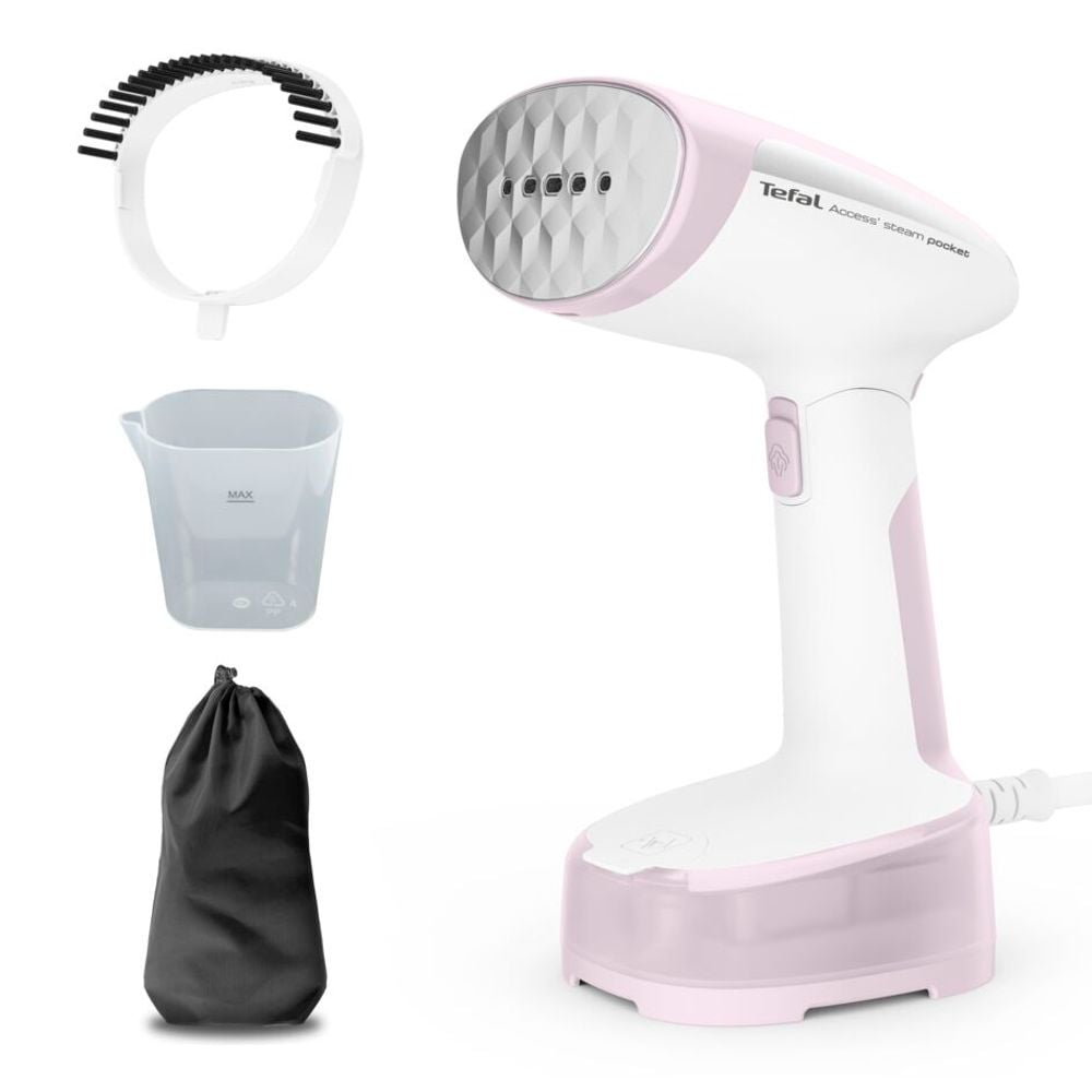 Aparat de călcat vertical pliabil Tefal ACCESS STEAM POCKET DT3050E1, 1300W, abur variabil 20 g/min, oprire automata, husă pentru transport, alb & roz