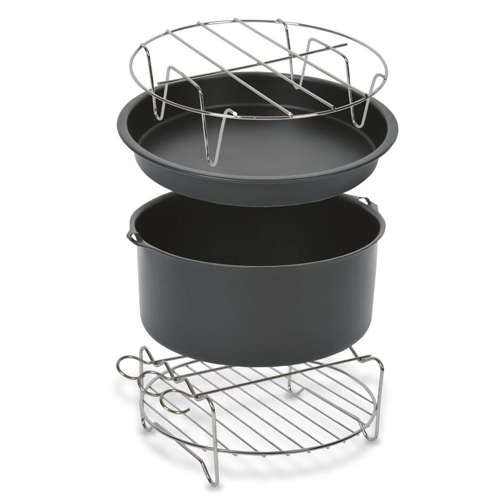 Set 4 accesorii Tefal XA113010, 20 cm, compatibile cu friteuzele Easy Fry XXL, tavă pentru pizza, vas pentru copt, grătar pentru friptură, suport pentru frigărui, inox și strat antiaderent, negru